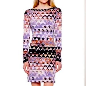 Vince Camuto Geometric Print long sleeve black purple mini Dress size 4